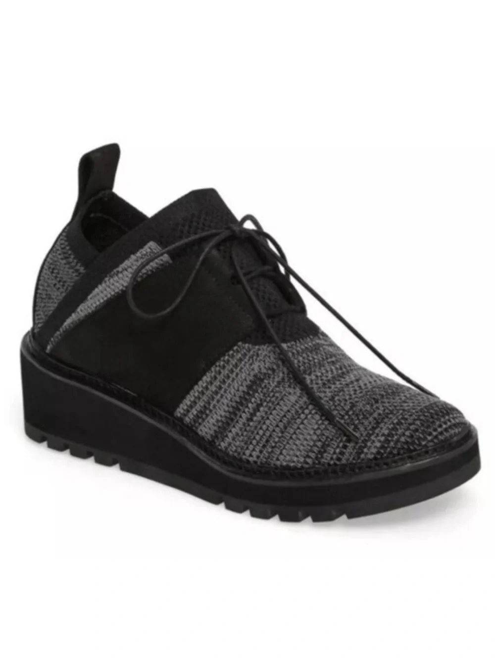 Eileen Fisher Wilson Knit Black Graphite Gray Lace Up Platform Wedge Sneaker 7.5